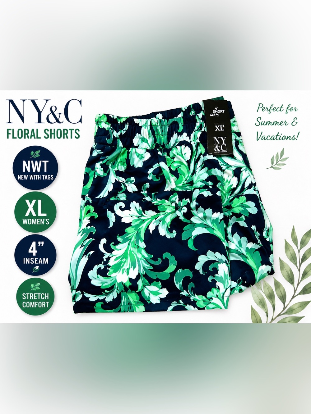 NY&C Floral Pull-On Shorts XL | Navy Green Stretch 4” Inseam NWT 🌿